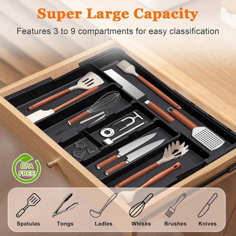 Spaclear Large Utensil Drawer Organizer Expandable Silverware Organizer for Kitchen Drawer Adjustable Cooking Utensil Holder Cutlery Flatware Tray Spatula Tools Gadgets Storage Dividers Plastic Black - Image 3